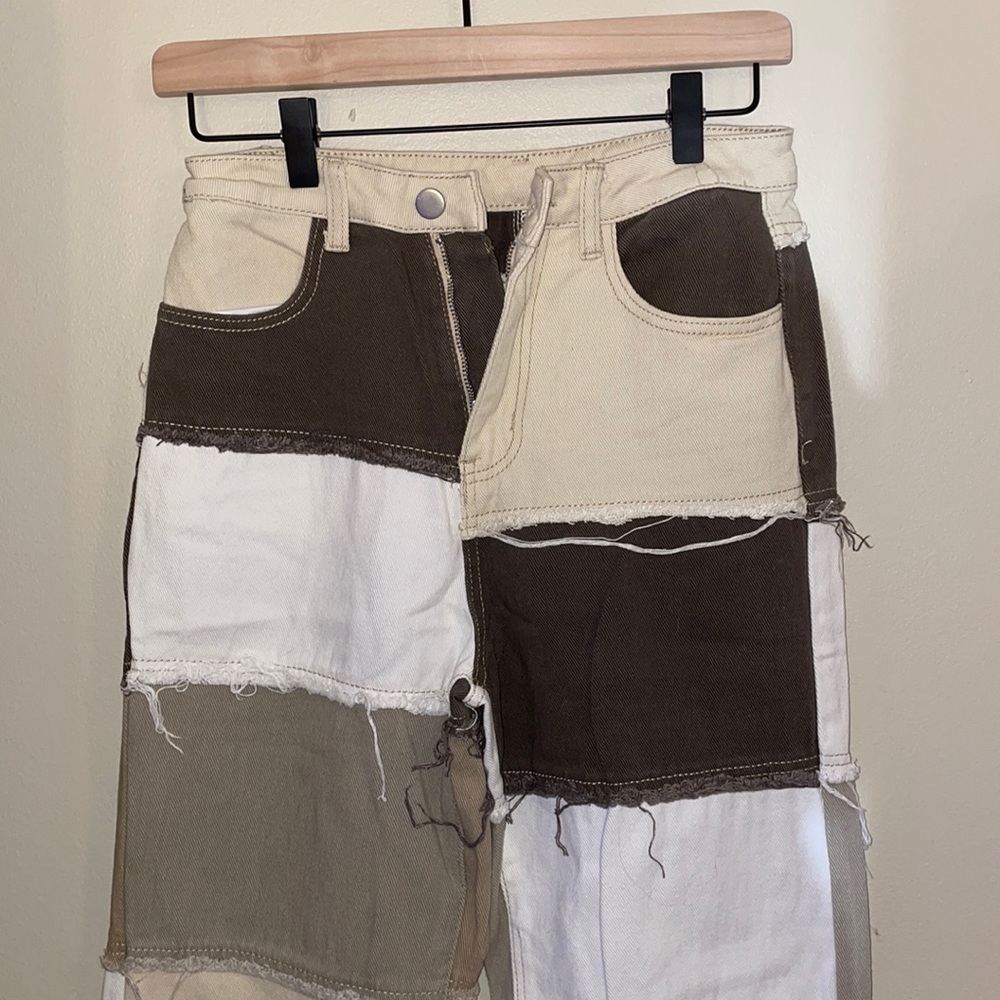 Brown patchwork wide leg jeans